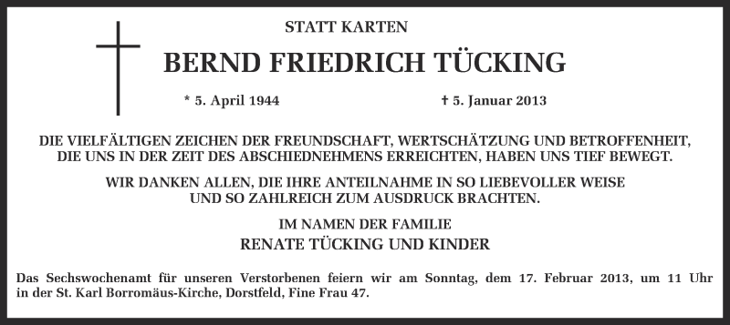  Traueranzeige für Bernd Friedrich Tücking vom 26.01.2013 aus Ruhr Nachrichten