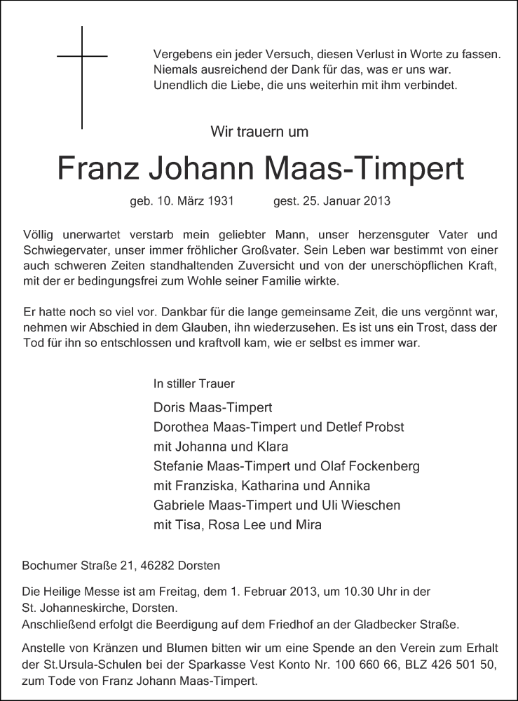  Traueranzeige für Franz Johann Maas-Timpert vom 29.01.2013 aus Ruhr Nachrichten und Dorstener Zeitung
