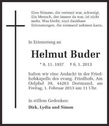 Traueranzeige von Helmut Buder von Ruhr Nachrichten