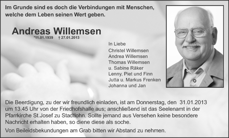  Traueranzeige für Andreas Willemsen vom 29.01.2013 aus Münstersche Zeitung und Münsterland Zeitung