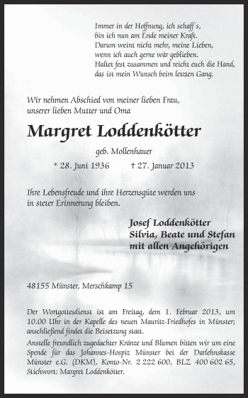 Traueranzeige von Margret Loddenkötter von Münstersche Zeitung und Grevener Zeitung