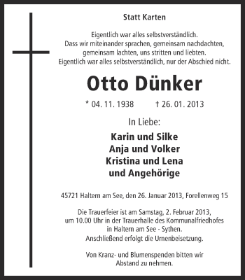 Traueranzeige von Otto Dünker von Ruhr Nachrichten und Halterner Zeitung