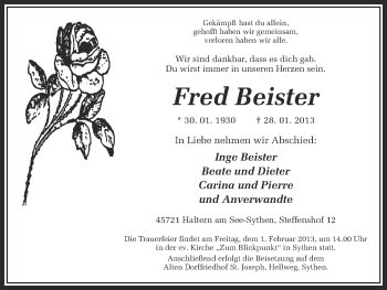 Traueranzeige von Fred Beister von Ruhr Nachrichten und Halterner Zeitung