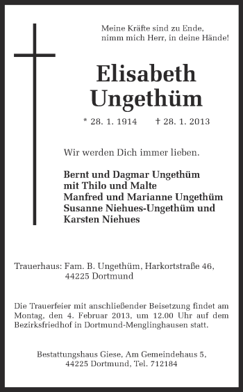 Traueranzeige von Elisabeth Ungethüm von Ruhr Nachrichten