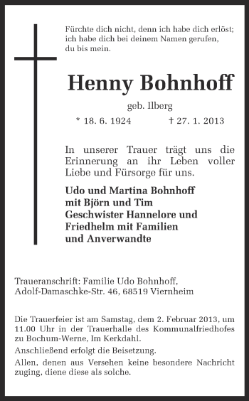 Traueranzeige von Henny Bohnhoff von Ruhr Nachrichten