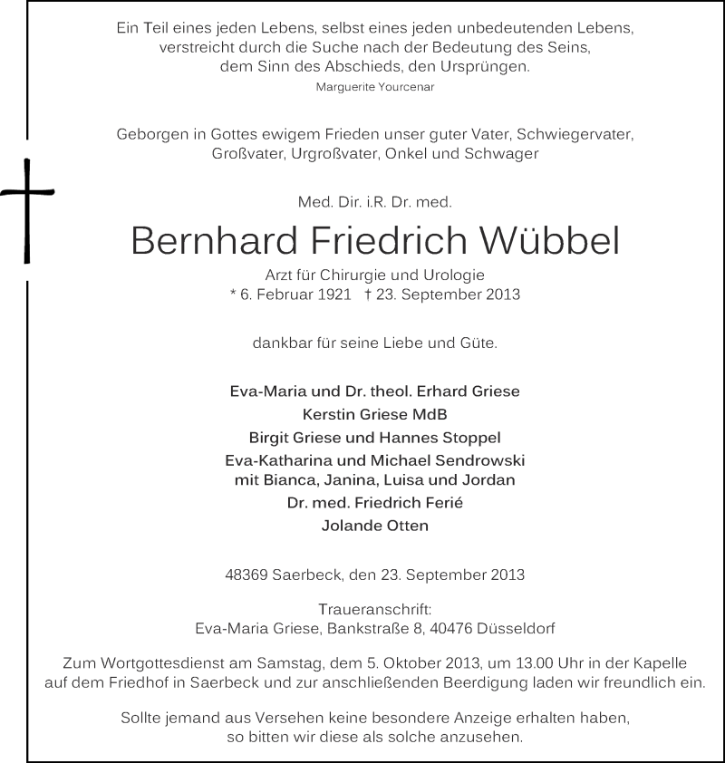  Traueranzeige für Bernhard Friedrich Wübbel vom 02.10.2013 aus Münstersche Zeitung und Grevener Zeitung