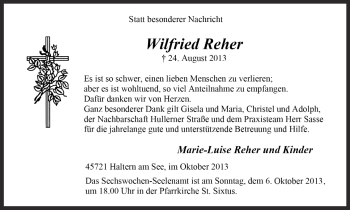 Traueranzeige von Wilfried Reher von Ruhr Nachrichten und Halterner Zeitung