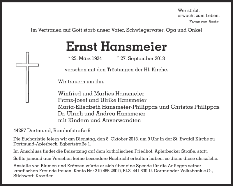  Traueranzeige für Ernst Hansmeier vom 02.10.2013 aus Ruhr Nachrichten