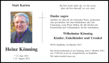 Traueranzeige von Heinz Könning von Münstersche Zeitung und Münsterland Zeitung