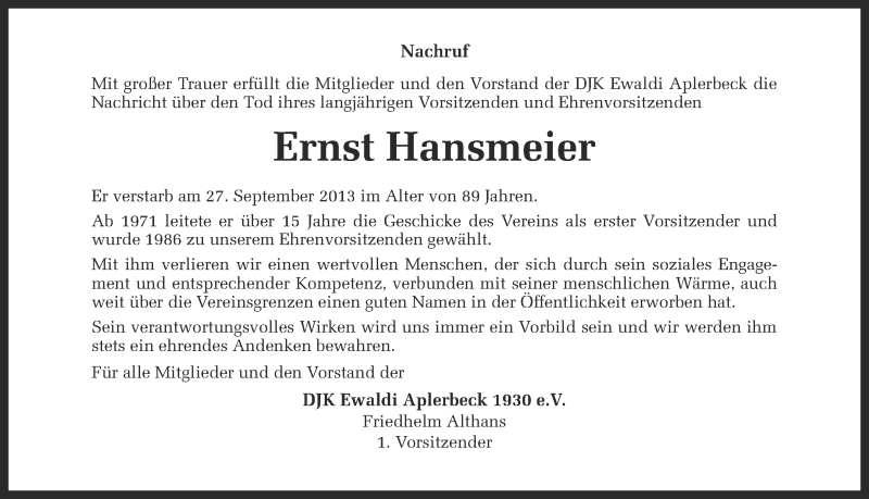  Traueranzeige für Ernst Hansmeier vom 05.10.2013 aus Ruhr Nachrichten