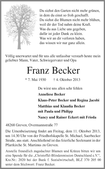 Traueranzeige von Franz Becker von Münstersche Zeitung und Grevener Zeitung