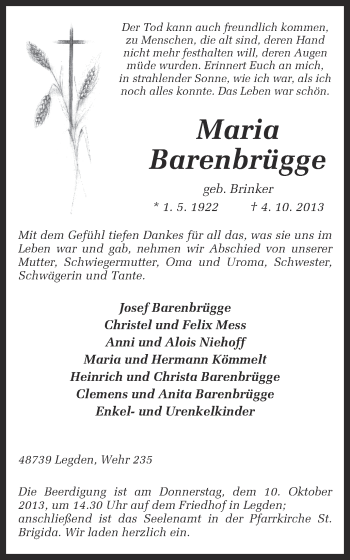 Traueranzeige von Maria Barenbrügge von Münstersche Zeitung und Münsterland Zeitung
