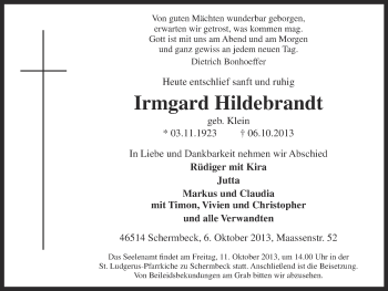 Traueranzeige von Irmgard Hildebrandt von Ruhr Nachrichten und Dorstener Zeitung