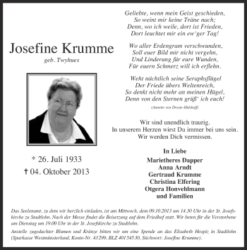 Traueranzeige von Josefine Krumme von Münstersche Zeitung und Münsterland Zeitung