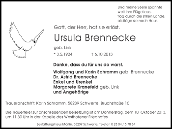 Traueranzeige von Ursula Brennecke von Ruhr Nachrichten