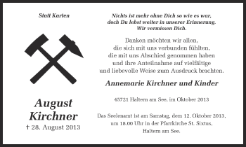 Traueranzeige von August Kirchner von Ruhr Nachrichten und Halterner Zeitung