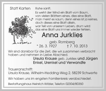 Traueranzeige von Anna Jurklies von Ruhr Nachrichten