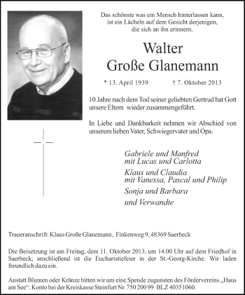Traueranzeige von Walter Große Glanemann von Münstersche Zeitung und Grevener Zeitung