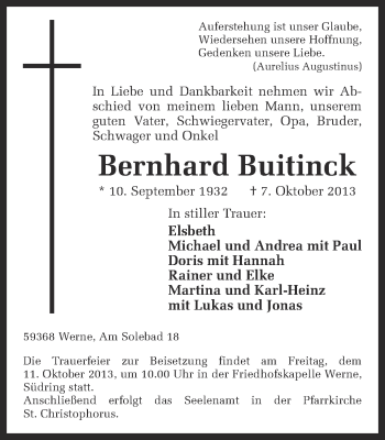 Traueranzeige von Bernhard Buitinck von Ruhr Nachrichten