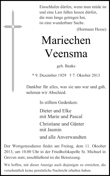 Traueranzeige von Mariechen Veensma von Münstersche Zeitung und Grevener Zeitung