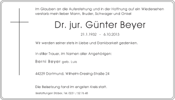 Traueranzeige von Günter Beyer von Ruhr Nachrichten