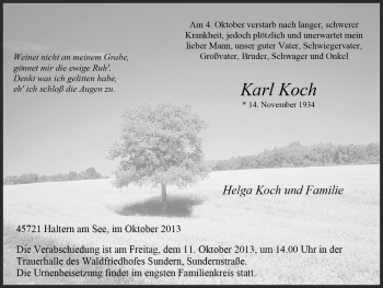 Traueranzeige von Karl Koch von Ruhr Nachrichten und Halterner Zeitung