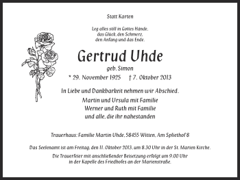 Traueranzeige von Gertrud Uhde von Ruhr Nachrichten
