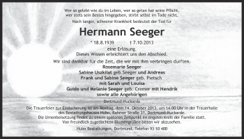 Traueranzeige von Hermann Seeger von Ruhr Nachrichten