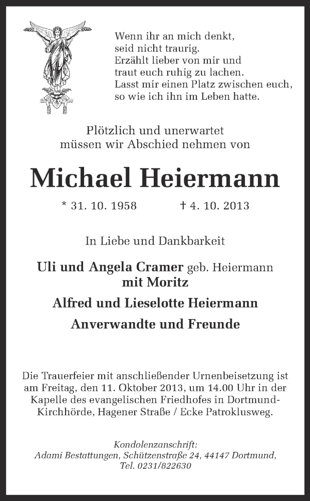  Traueranzeige für Michael Heiermann vom 09.10.2013 aus Ruhr Nachrichten