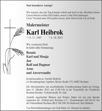 Traueranzeige von Karl Heibrok von Ruhr Nachrichten