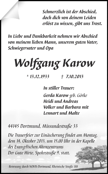 Traueranzeige von Wolfgang Karow von Ruhr Nachrichten