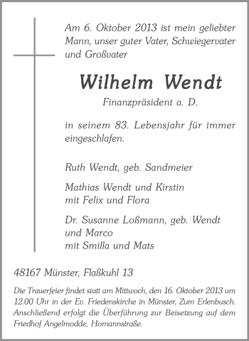 Traueranzeige von Wilhelm Wendt von Münstersche Zeitung und Grevener Zeitung