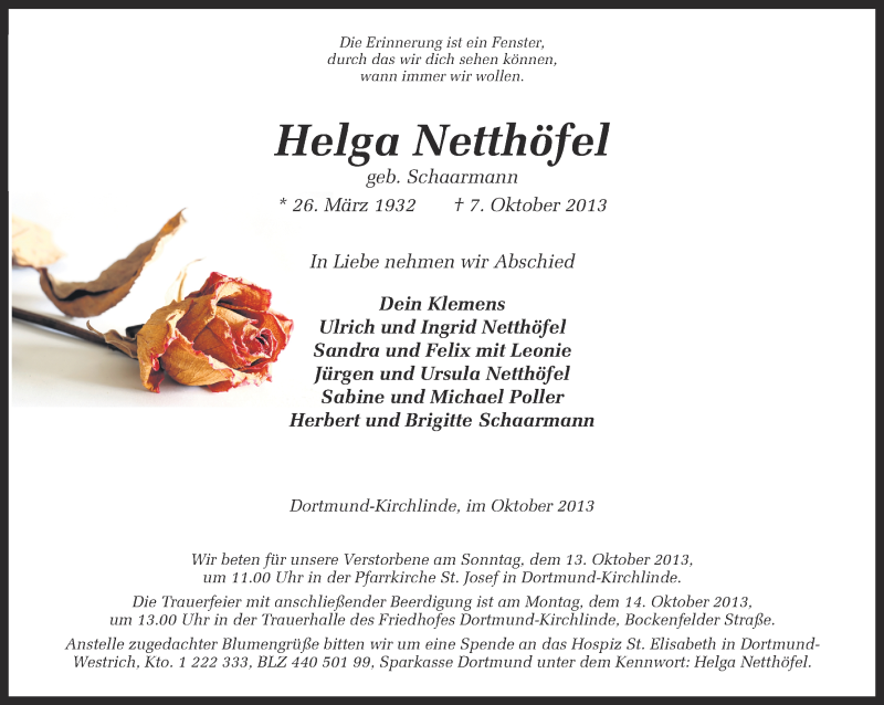  Traueranzeige für Helga Netthöfel vom 10.10.2013 aus Ruhr Nachrichten