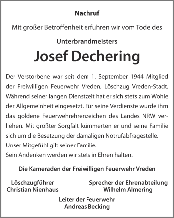Traueranzeige von Josef Dechering von Münstersche Zeitung und Münsterland Zeitung
