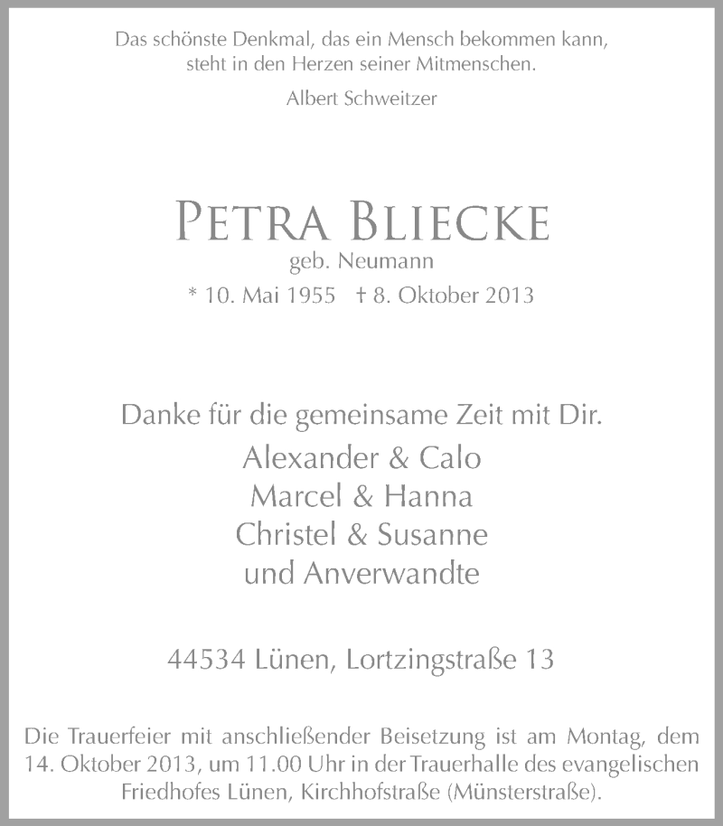  Traueranzeige für Petra Bliecke vom 11.10.2013 aus Ruhr Nachrichten
