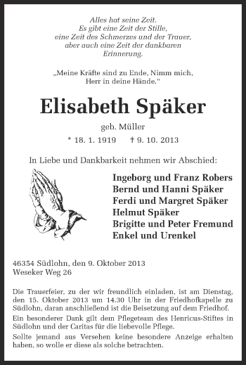 Traueranzeige von Eliesabeth Späker von Münstersche Zeitung und Münsterland Zeitung