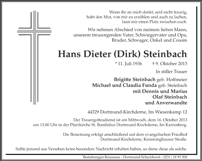  Traueranzeige für Hans Dieter Steinbach vom 12.10.2013 aus Ruhr Nachrichten
