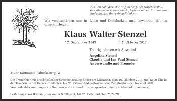 Traueranzeige von Klaus Walter Stenzel von Ruhr Nachrichten