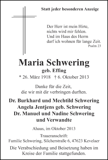 Traueranzeige von Maria Schwering von Münstersche Zeitung und Münsterland Zeitung
