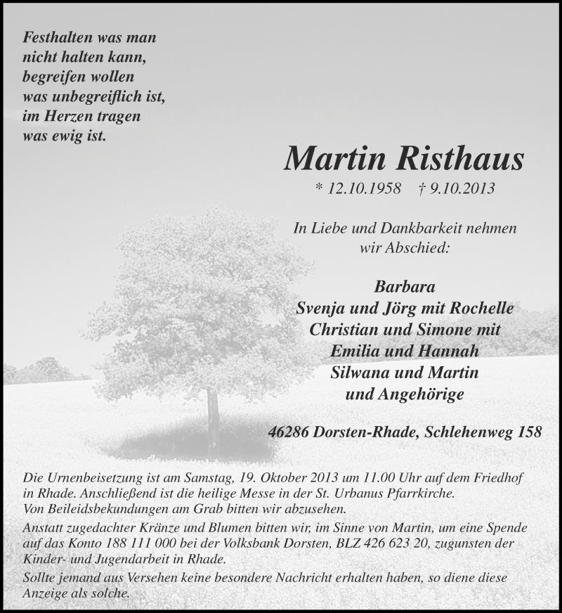  Traueranzeige für Martin Risthaus vom 12.10.2013 aus Ruhr Nachrichten und Dorstener Zeitung