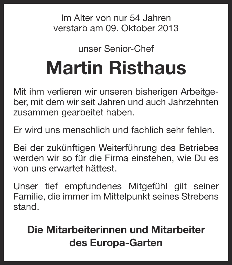  Traueranzeige für Martin Risthaus vom 12.10.2013 aus Ruhr Nachrichten und Dorstener Zeitung