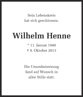 Traueranzeige von Wilhelm Henne von Ruhr Nachrichten