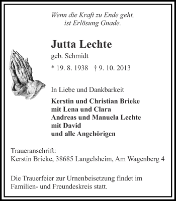 Traueranzeige von Jutta Lechte von Ruhr Nachrichten