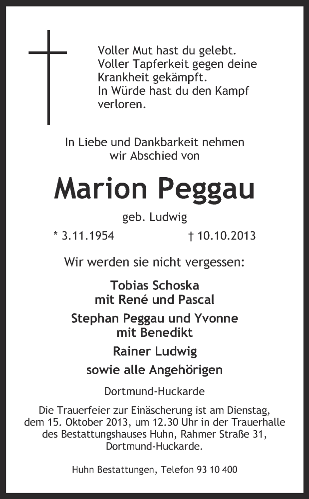  Traueranzeige für Marion Peggau vom 12.10.2013 aus Ruhr Nachrichten