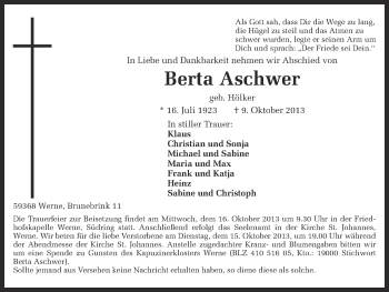 Traueranzeige von Berta Aschwer von Ruhr Nachrichten