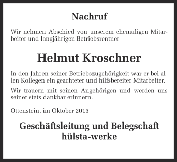 Traueranzeige von Helmut Kroschner von Münstersche Zeitung und Münsterland Zeitung