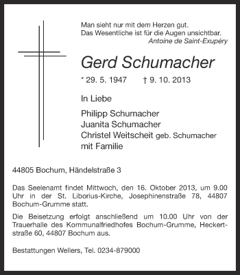 Traueranzeige von Gerd Schumacher von Ruhr Nachrichten