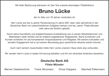Traueranzeige von Bruno Lücke von Münstersche Zeitung und Grevener Zeitung