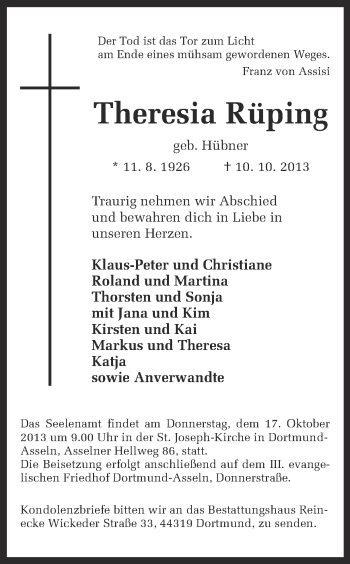 Traueranzeige von Theresia Rüping von Ruhr Nachrichten