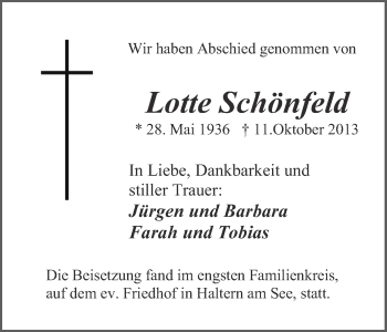 Traueranzeige von Lotte Schönfeld von Ruhr Nachrichten und Halterner Zeitung
